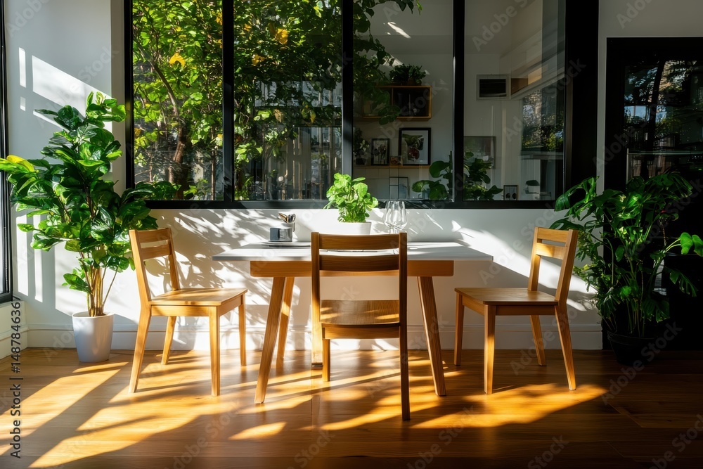 Fototapeta premium Bright sunlit dining area with wooden table and chairs surrounded by lush green plants modern home interior