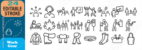 Collection of outline icon illustrations representing workplace activities and necessary work gear items