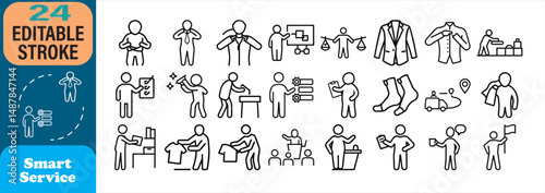 Line art icons depicting various aspects of retail service, fashion, and styling