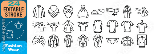 Stylish fashion wear icons for clothing and garments featuring editable stroke designs