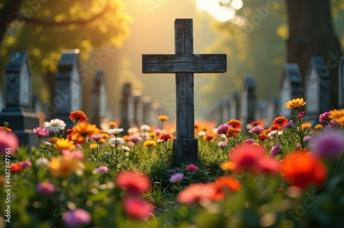 Peaceful cemetery with flowers in the foreground
