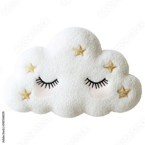 Dreamy Cloud Pillow: Soft, fluffy cloud-shaped pillow, adorned with delicate stars and closed eyes, evoking a sense of tranquility and sweet dreams, perfect for nurseries or serene spaces.