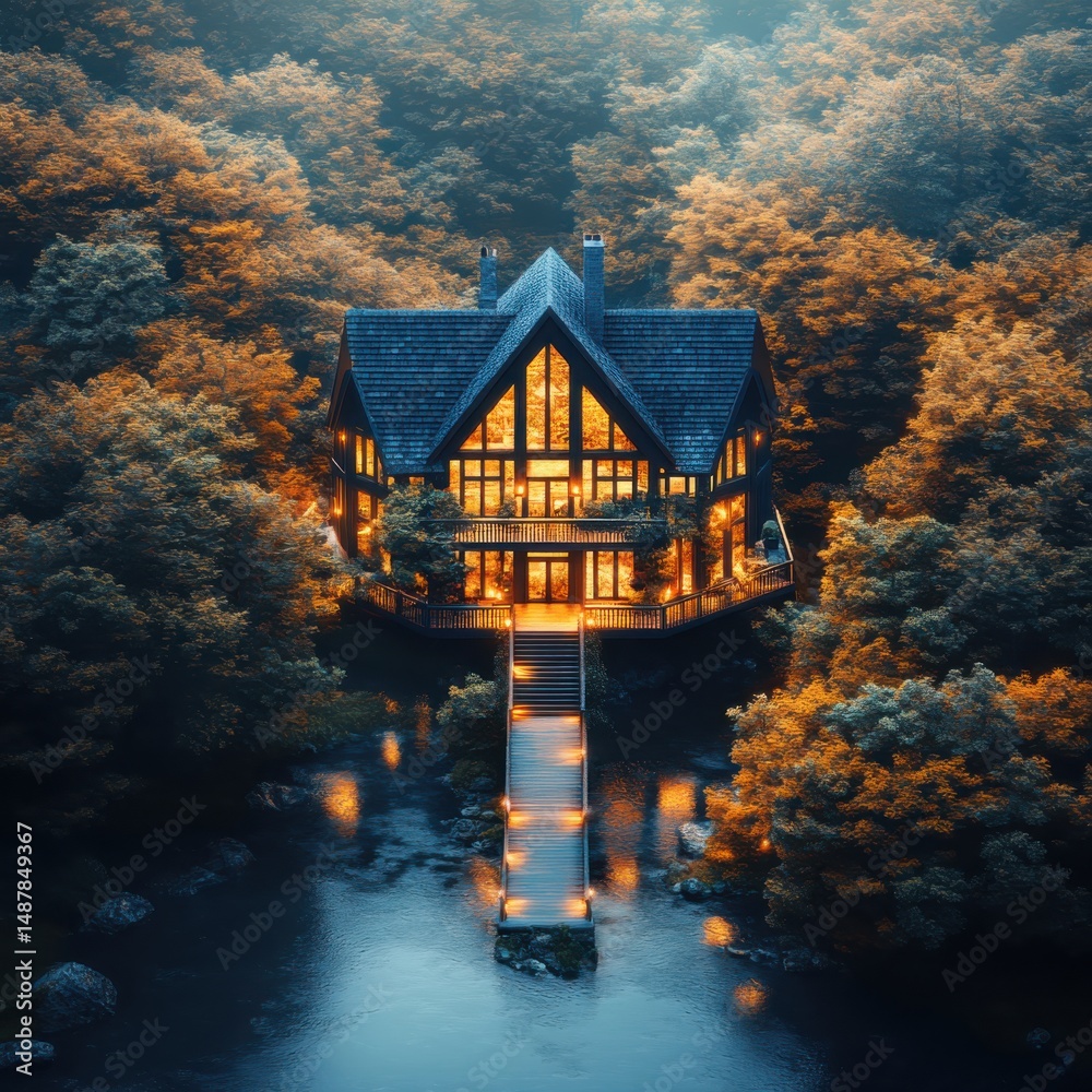 Fototapeta premium Enchanted evening gathering at a rustic cabin by the river tranquil nature setting warm atmosphere