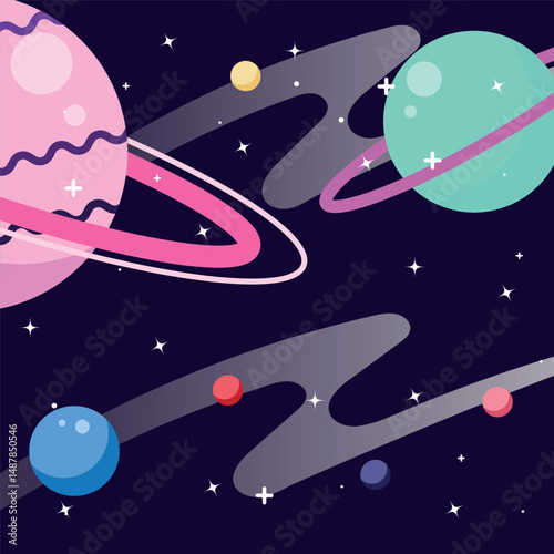 Illustration of ringed planet and galaxy in flat design style