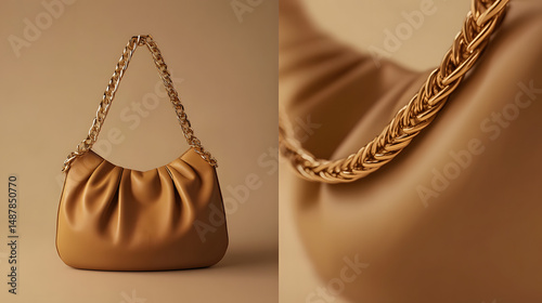 4 views of a leather bag by Loewe with a gold chain, 1 is a detail, beige background, eshop photography