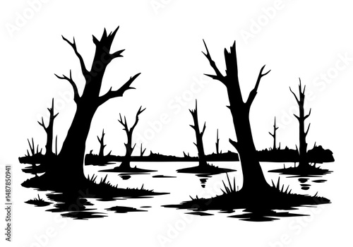 Silhouettes of sinister trees. Panorama of the swamp. Old forest on Halloween. Vector illustration.