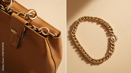 4 views of a leather bag by Loewe with a gold chain, 1 is a detail, beige background, eshop photography