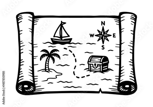 Treasure Island map. Doodle style. Vector hand drawing