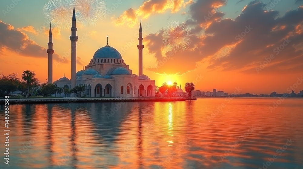Naklejka premium Majestic Mosque at Sunset: A Breathtaking View