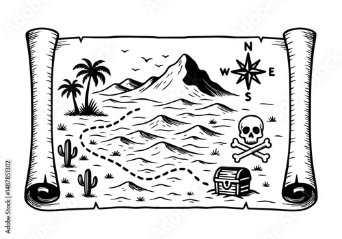 Treasure Island map. Doodle style. Vector hand drawing
