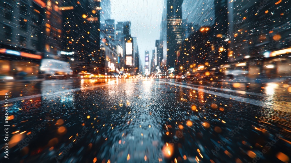 Fototapeta premium Rainy night cityscape urban streets photography wet pavement low angle vibrant lights and reflections