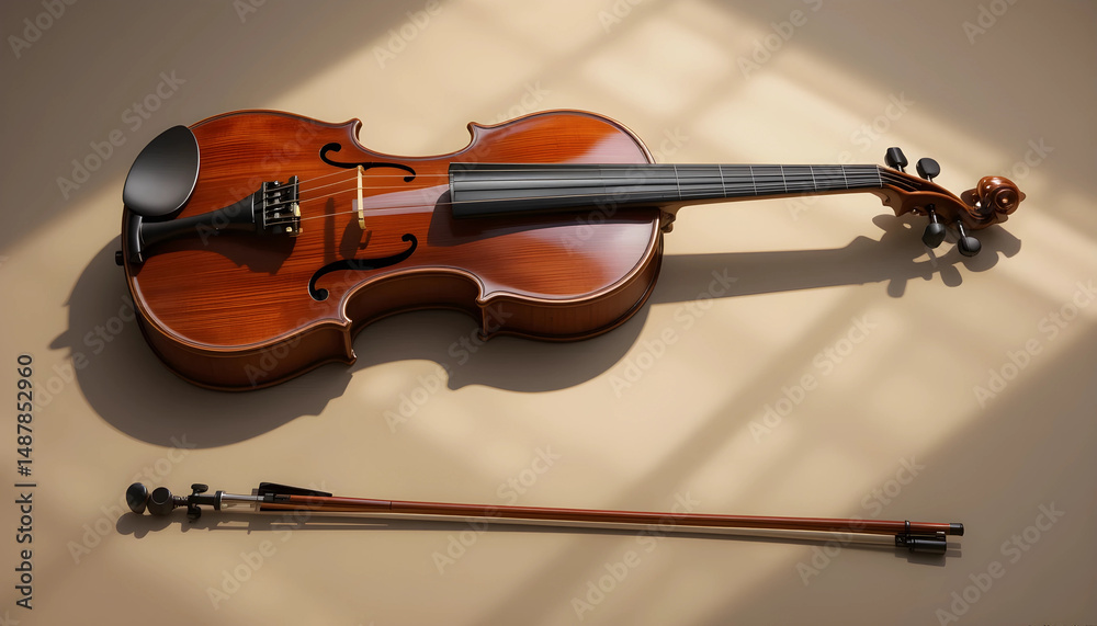 Fototapeta premium A classical wooden violin and bow placed in warm sunlight, casting soft shadows. Ideal for classical, acoustic, or romantic music scenes