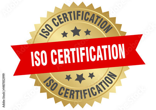 iso certification. iso certification round red and gold label isolated on transparent background