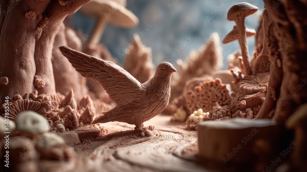 Fototapeta premium Detailed chocolate woodland scene with a bird.
