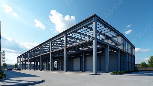 Modern industrial warehouse building architectural exterior rendered against a bright blue sky