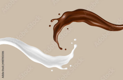 Realistic chocolate and milk splash waves isolated on beige background. Vector illustration