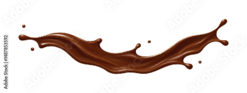 Realistic chocolate splash wave with flying drops isolated on white background. Dessert and confectionery concept. Vector illustration