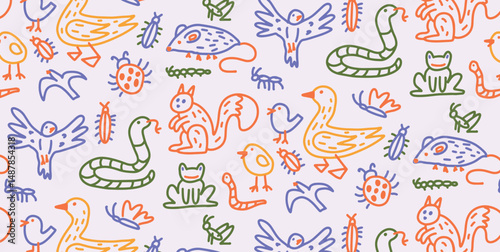 Seamless pattern with hand-drawn animals in colorful childlike style. Birds and squirrels explore a playful world filled with bugs, frogs, snakes and tiny forest life. Vector illustration.