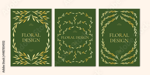 Set of elegant floral templates with golden botanical wreaths on dark green. Glossy gradient leaves in symmetrical layout. Vector illustration for luxury packaging, invitations, posters, and branding
