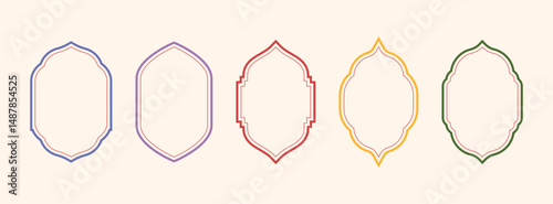 Set of Ornamental Arch Frames with Double Outlines. Middle Eastern Inspired Borders in Purple Red Yellow Green. Minimalist Elegant Vector Illustration on Light Background