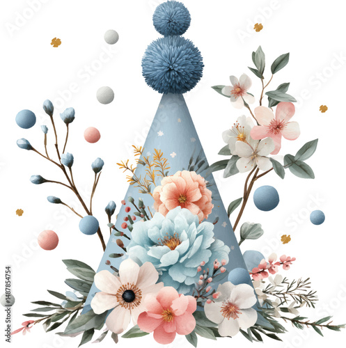 Pastel Floral Watercolor Party Hat with Pom-Poms and Blooming Flowers
