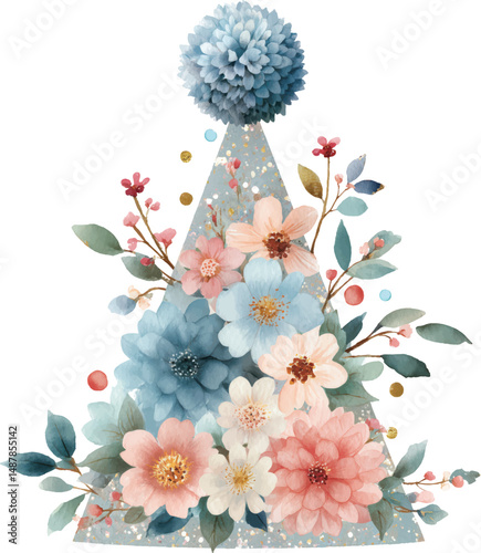 Pastel Floral Watercolor Party Hat with Pom-Poms and Blooming Flowers