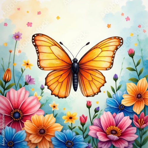 A vibrant orange butterfly in the center surrounded by an array of colorful flowers