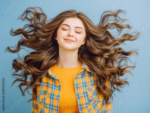 Woman with wind blowing her...