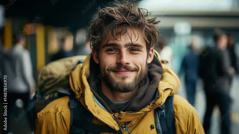 Smiling young man with backpack, urban travel, adventure Smiling young man with backpack, urban travel, adventure