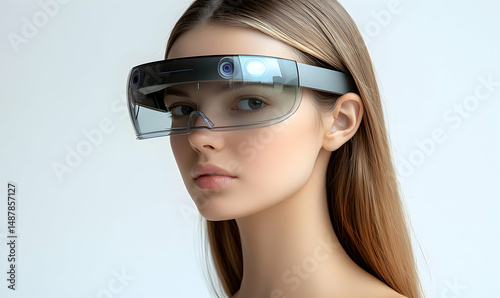 Woman wearing futuristic vr headset posing against a neutral backdrop