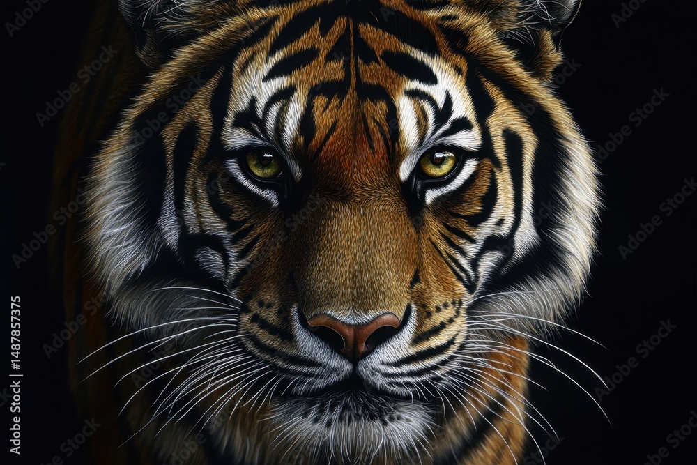 Fototapeta premium Intense Gaze of a Striped Tiger: A Close-Up Portrait on Dark Canvas