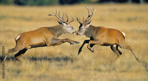 Intense Rivalry: Two Stags Engaged in Fierce Struggle for Territory During Rutting Season