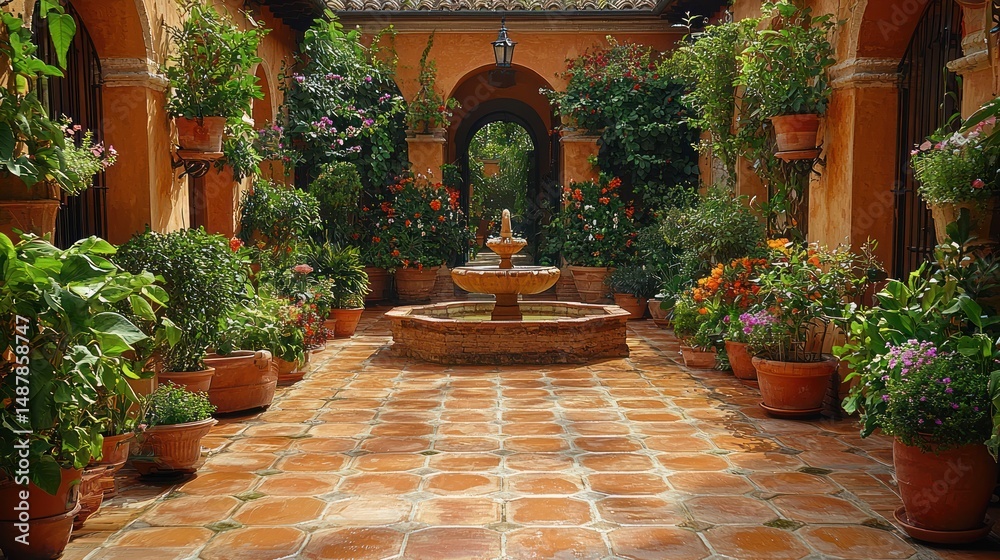 Fototapeta premium Sun-drenched courtyard garden with terracotta pots, fountain, and archways