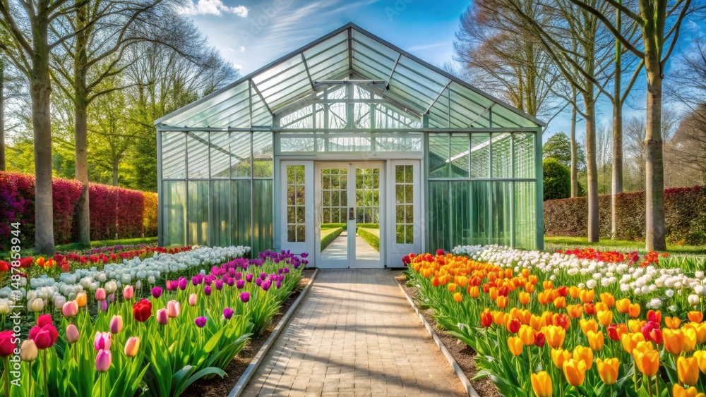 Obraz premium Keukenhof Gardens Spring Tulips Minimalist Photography - Netherlands Greenhouse Entrance 2022