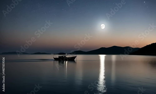 Boat Gliding on Calm Water Under Moonlight, Starry Night Sky