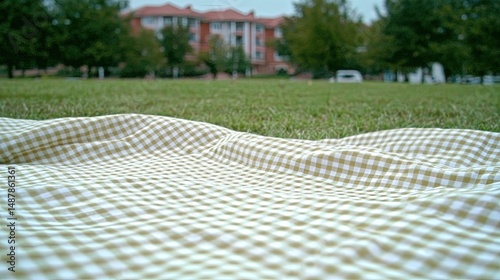 Picnic blanket with park, and green grass.