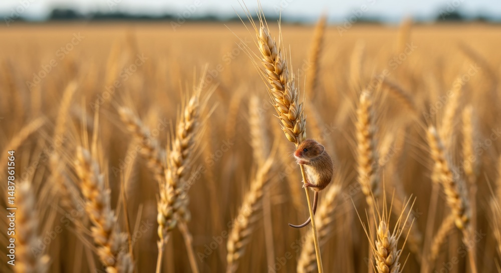Fototapeta premium A small rodent perched atop golden wheat stalks.