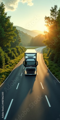 Large truck drives down road at sunrise