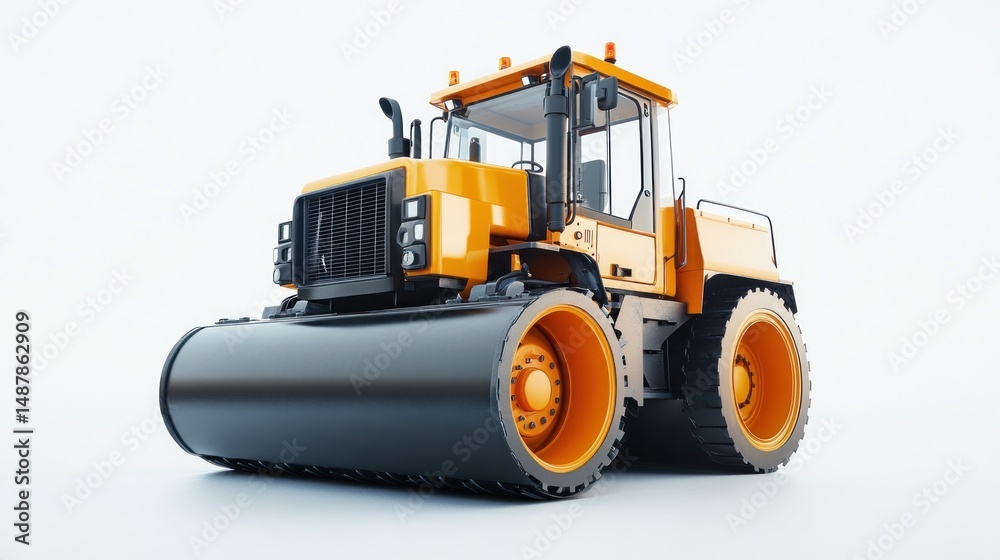 Fototapeta premium Yellow road roller dominates white background