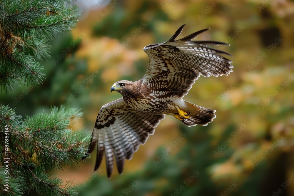 Fototapeta premium Majestic Hawk in Flight Among Spruce Trees: A Wildlife Encounter in the Autumn Wilderness