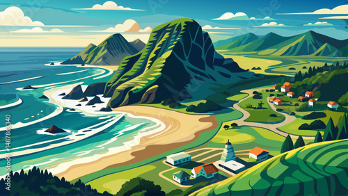 Aerial view of Piha Beach, New Zealand, featuring Lion Rock. Waves crash on the black sand beach, popular for surfing and scenic views. Lush green hills surround the coastline. PIHA, NZ
