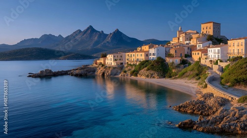 Coastal Village at Dawn Corsica Island