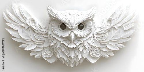 Ornate white owl sculpture with decorative wings.