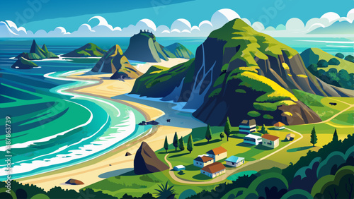 Aerial view of Piha Beach, New Zealand, featuring Lion Rock. Waves crash on the black sand beach, popular for surfing and scenic views. Lush green hills surround the coastline. PIHA, NZ