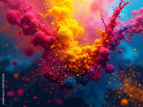 Vibrant paint splash in motion against blue backdrop
