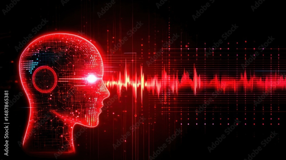 Fototapeta premium Red robot face glows with sound waves and circuits, showing ai synthetic media, fake ai emotions and futuristic ai art background