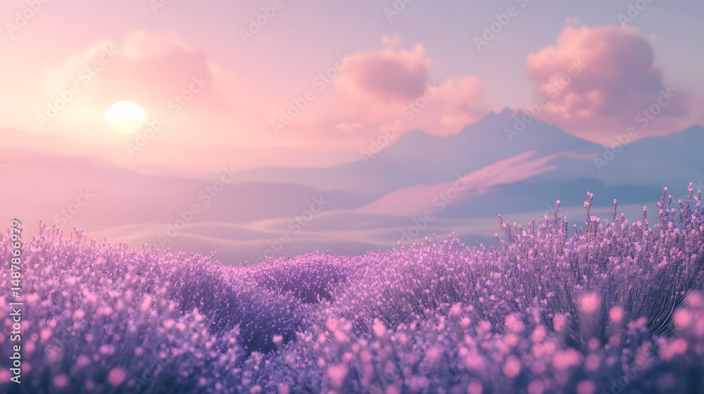 Fototapeta premium Dreamy Pink Sunset Over Flower Meadow and Mountain Landscape