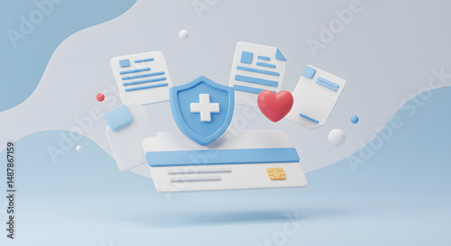 3D Render:  Healthcare Insurance Card with Protective Shield & Medical Records