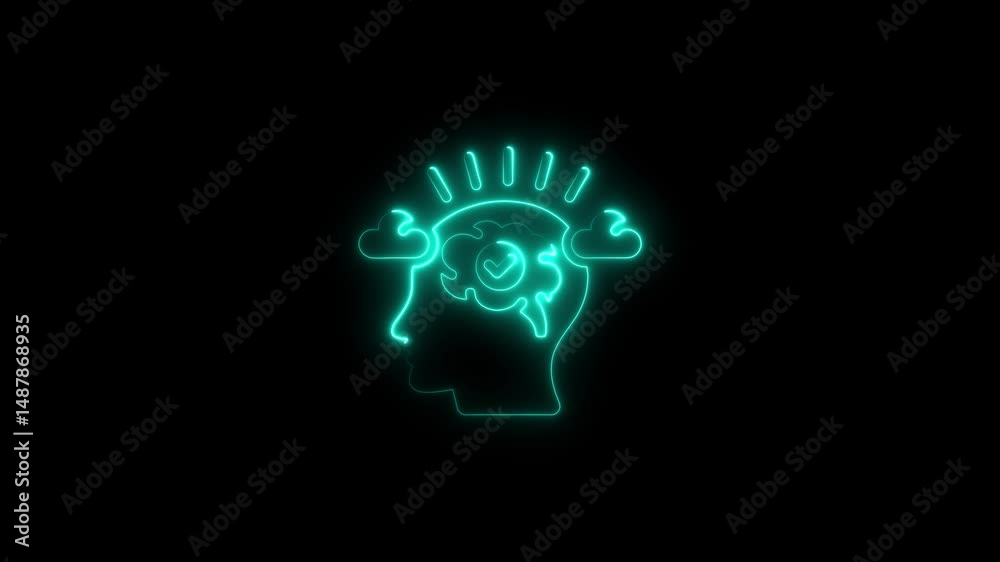 Glowing neon brain with approved idea symbolic of successful thinking process