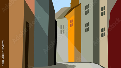 old town landscape, flat color illustration